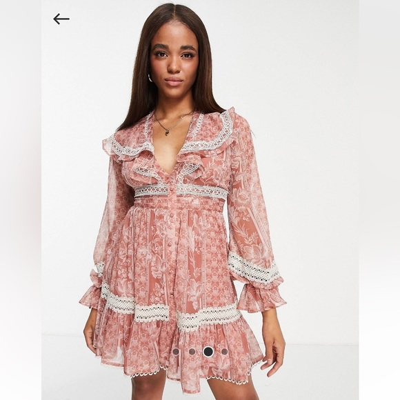 ASOS lace insert mini dress ruffle detail
& button through- pink floral size 14 - Picture 1 of 13